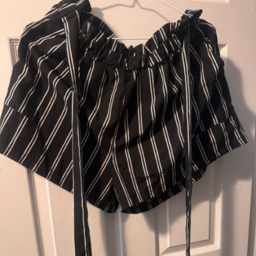 Striped Black Paperbag Waist Women's Shorts
